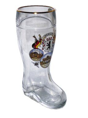 Berlin GERMANY Souvenir Beer Glass Boot Gold Rim 8 inches Tall 0.5 Liters